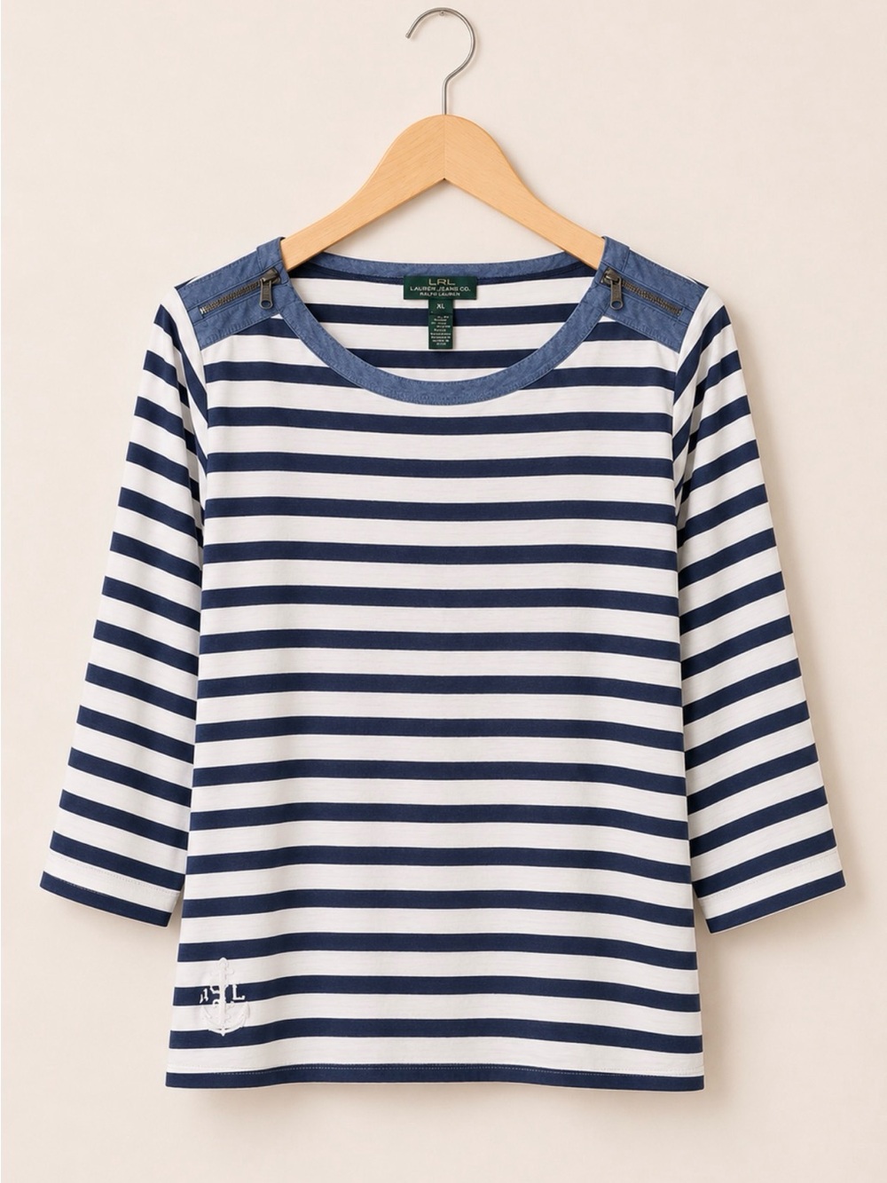 Lauren Ralph Lauren Breton Stripe Boat Neck Top | Navy White Nautical | XL